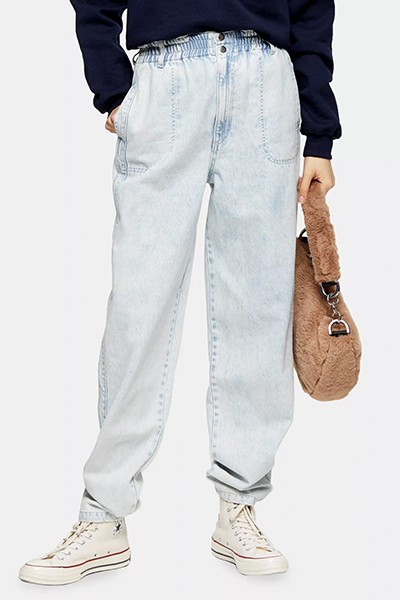 Bleach Wash Elastic Waist Baggy Jeans from Topshop