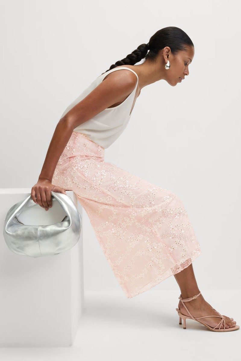 Sequin Floral Midi Slip Skirt