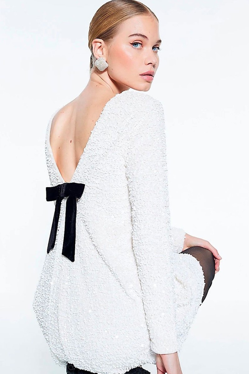 Sequin Velvet Bow Back Mini Dress from River Island