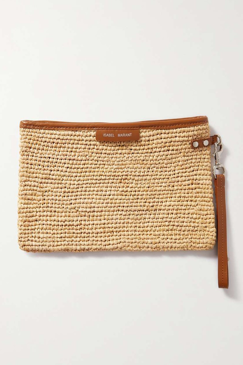 Bora Leather-Trimmed Woven Raffia Clutch from Isabel Marant