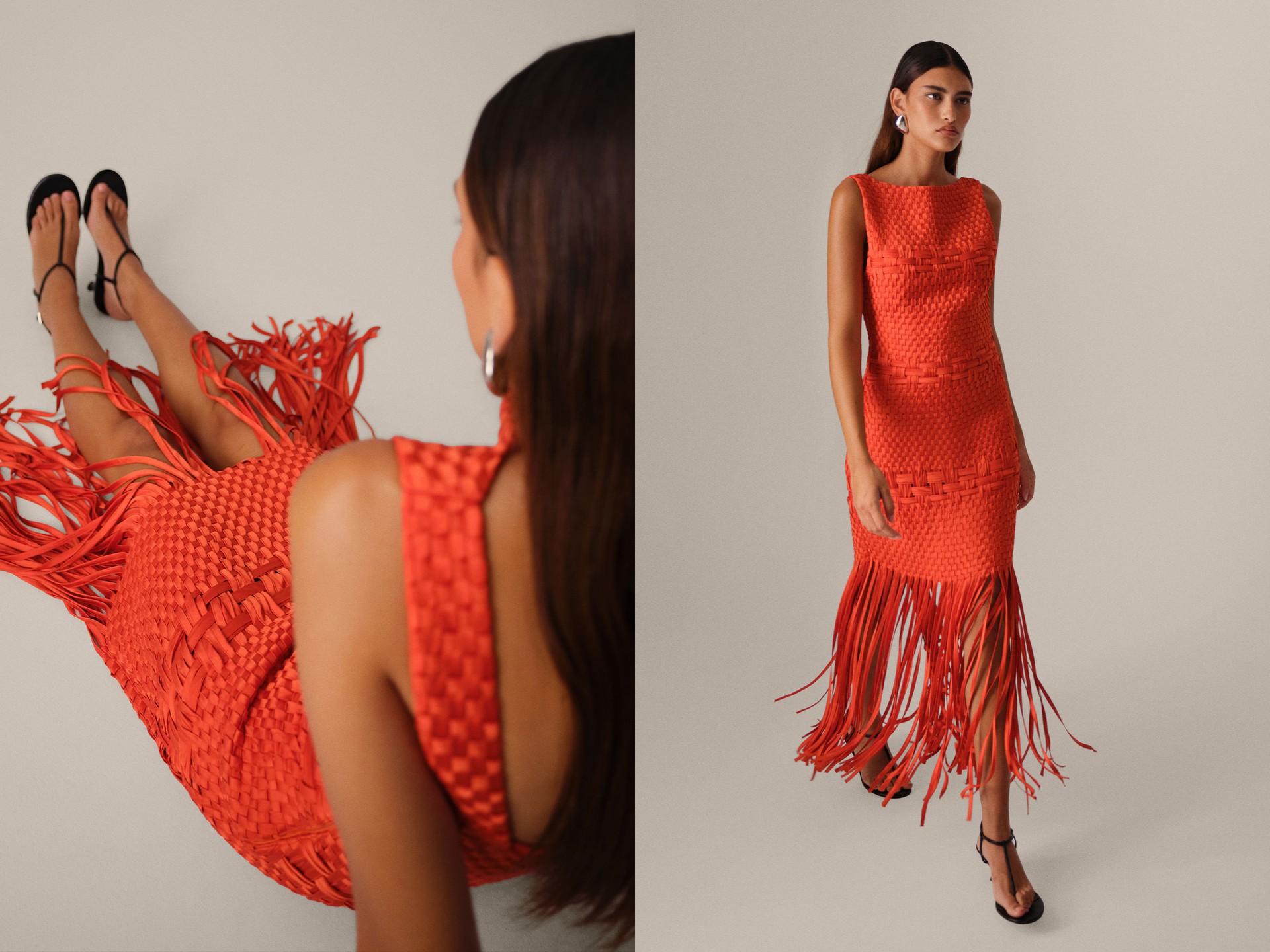 Lattice Handwoven Fringe Hem Midi Dress