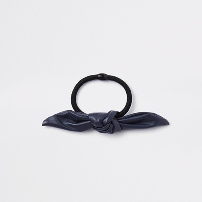 Navy Faux Leather Bow Hair Tie