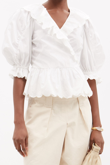 Heidi Puff-Sleeve Cotton Wrap Blouse from SEA