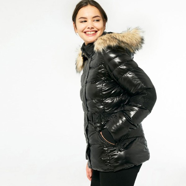 Blue Vanilla Black Vinyl Faux Fur Trim Puffer Jacket