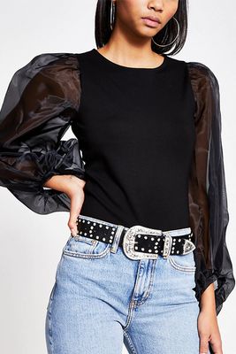 Black Long Organza Puff Sleeve Top from River Island