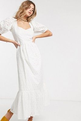 Broderie Tiered Maxi Dress With Puff Sleeves & Open Back from ASOS Design
