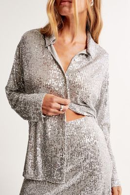 Long Sleeve Sequin Button-Up Shirt