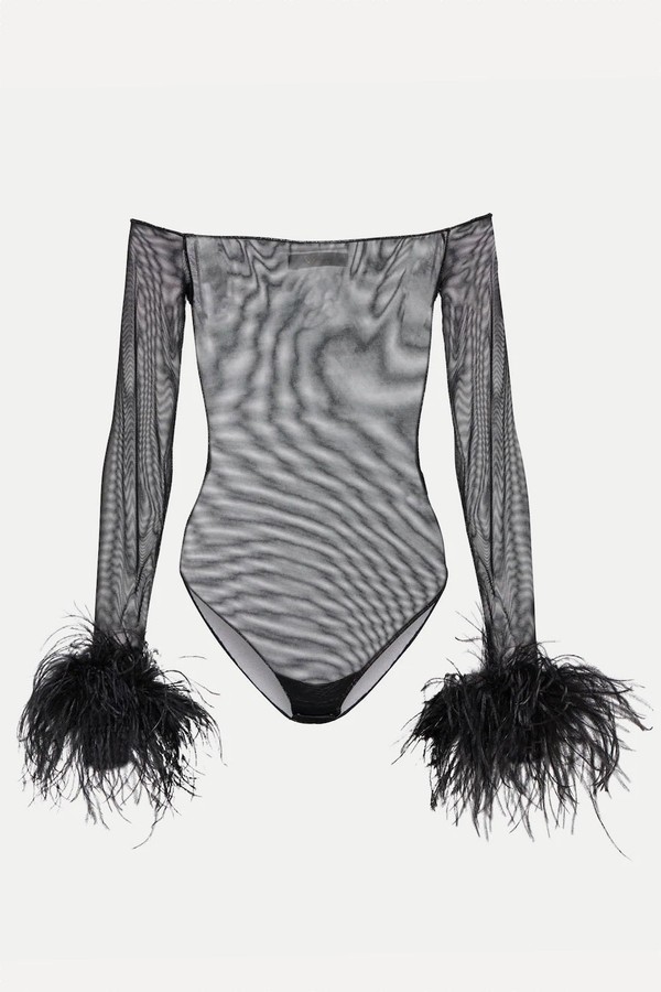 Feather-Trimmed Mesh Bodysuit from Oséree