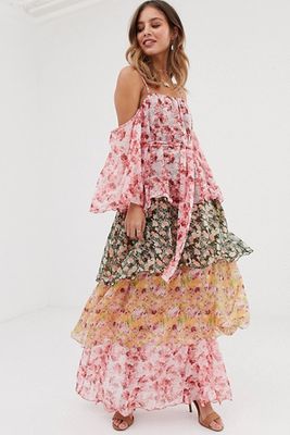Contrast Off Shoulder Tiered Maxi Dress from White Sand