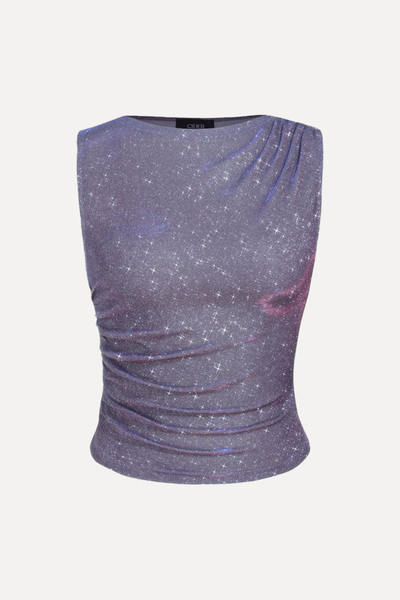 Round Neck Ruched Glitter Asymmetrical Tank Top from Cider