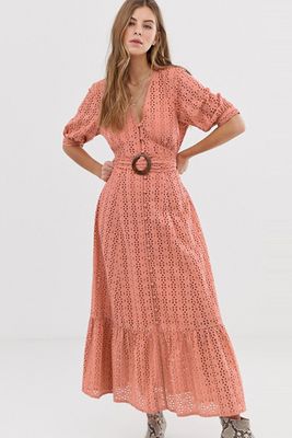 Broderie Pephem Maxi Dress With Wooden Belt from ASOS