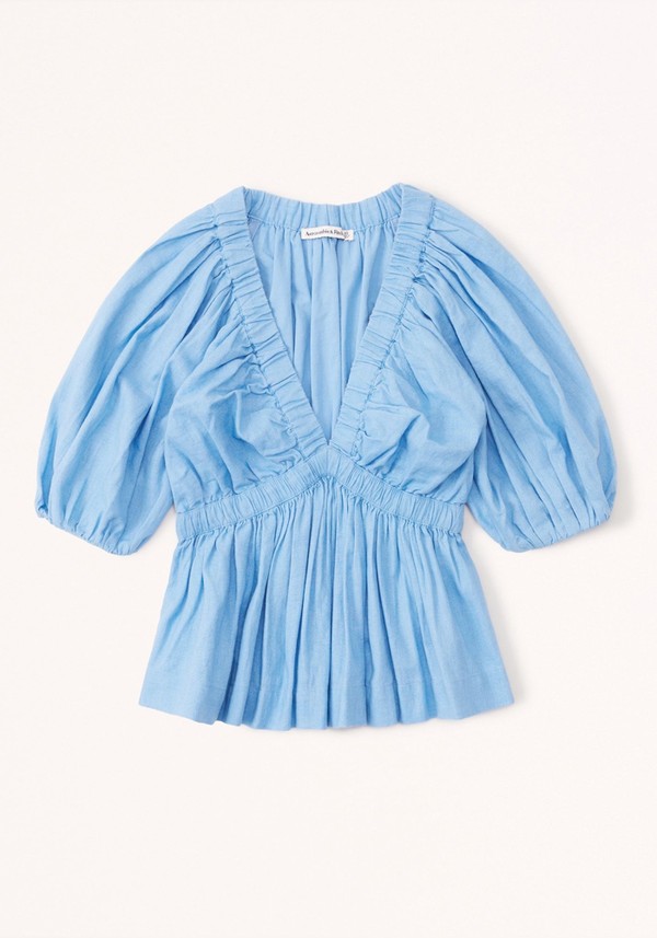 Short-Sleeve Linen-Blend Plunge Top