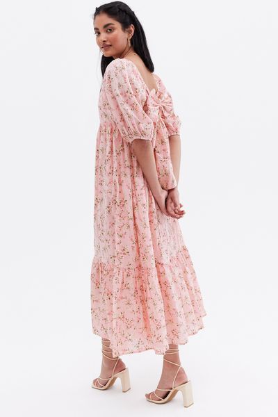 Pink Ditsy Floral Tie Back Square Neck Midi Dress from New Look