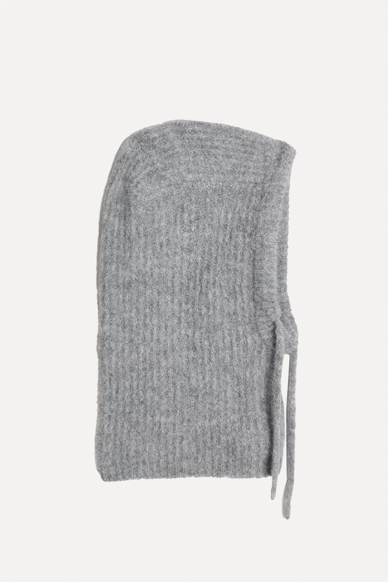 Knitted Ribbed Drawstring Hooded Snood With Wool