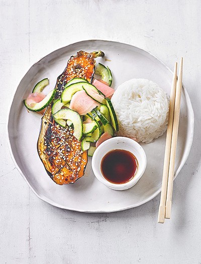 Miso-Glazed Aubergine With Pickled Ginger Cucumber