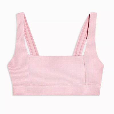 Pink Square Neck Ribbed Crop Bikini Top