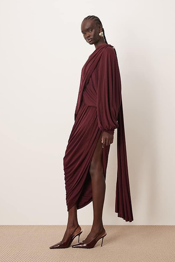 Fallen Shoulder Draped Midi Dress With Train Back from ARRANGE