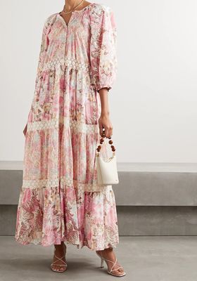 Evren Crocheted Lace-Trimmed Floral-Print Maxi Dress from LoveShackFancy