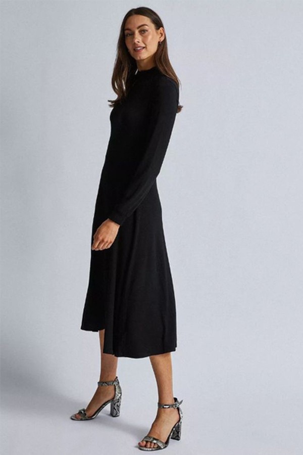 Plain Black Shirred Midi Dress