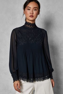 Lace Pintuck High Neck Top