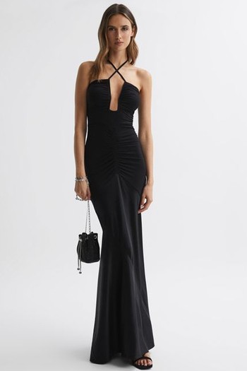 Thalia Fitted Plunge Neck Satin Maxi Dress 