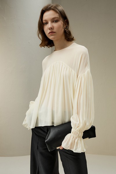 Sheer-Shoulder Ruffle Shirt from Lily Silk