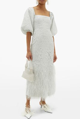 Floral-Brocade Puff-Sleeve Feathered-Skirt Dress from Ganni