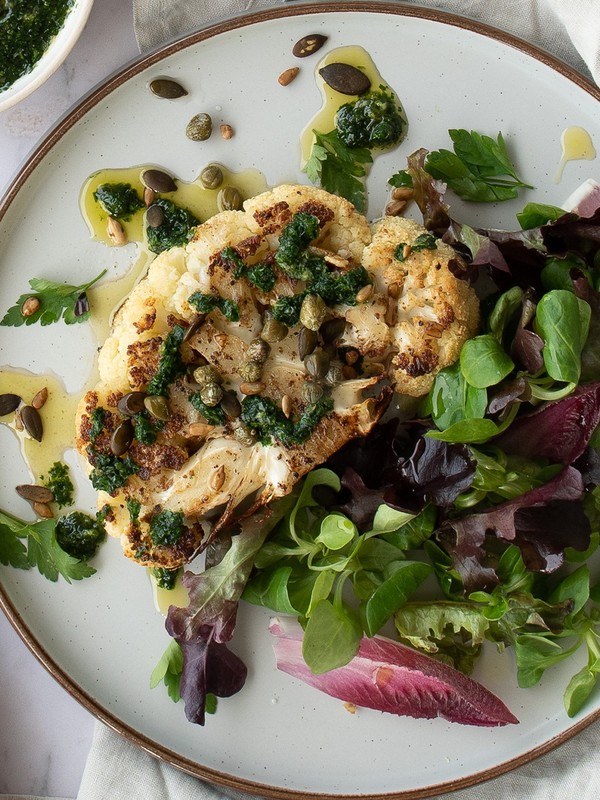  Roasted Cauliflower Steaks with Parsley Salsa  & Mild Chilli Munchy Seeds