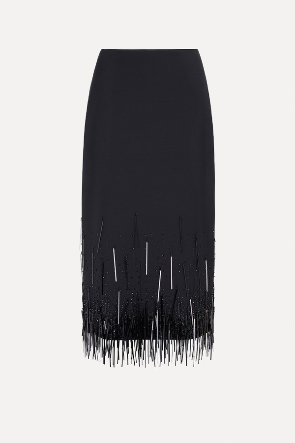 Wool Blend Embellished Tassel Midi Skirt