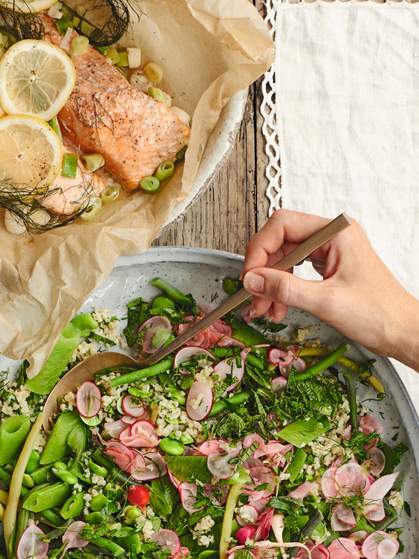 Salmon, Bean & Bulgur Wheat Salad With Quick Pickled Radishes