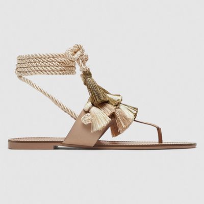 Flat Leather Sandals With Tassel from Zara
