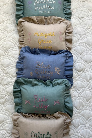 Heir Embroidered Baby Naming Cushion, £79 | The Little Wornestore