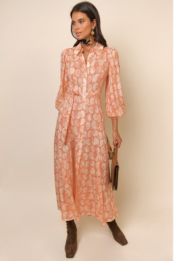 Maddison Peach Paisley Stamp Maxi Shirtdress