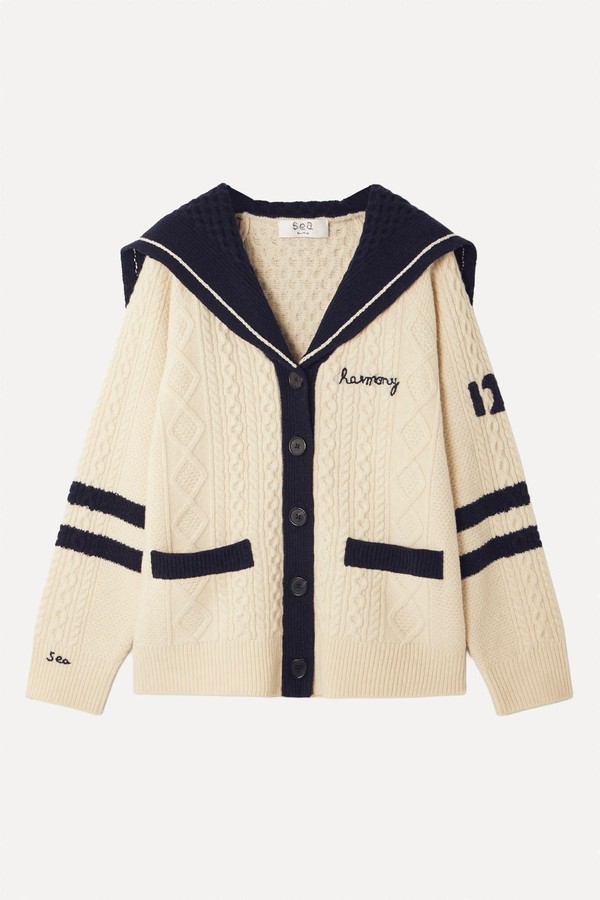 Maren Embroidered Cable-Knit Wool Cardigan from SEA