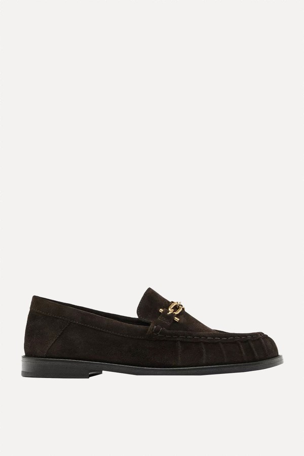 Split Suede Loafers With Metal Appliqué