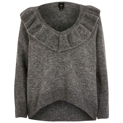 Grey Frill V Neck Knitted Jumper