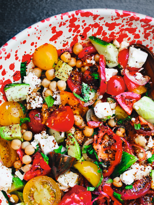 Slice, Chop, Drizzle & Toss Salad – Or Tomato, Chickpea & Feta Salad