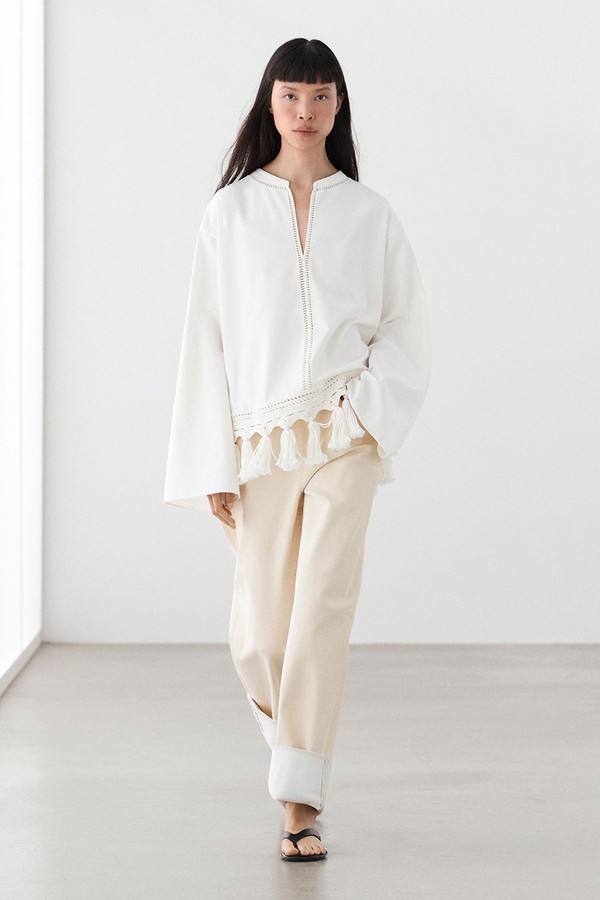 Embroidered Blouse With Fringed Hem 