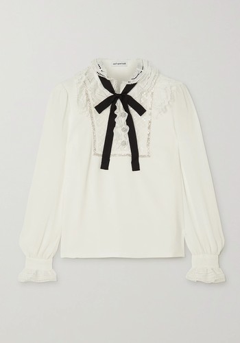 Pussy-Bow Embellished Lace-Trimmed Crepe Blouse from Self-Portrait