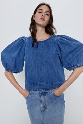 Denim Blouse With Puff Sleeves from Zara