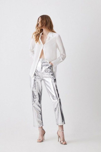 Metallic Faux Leather Straight Leg Trousers