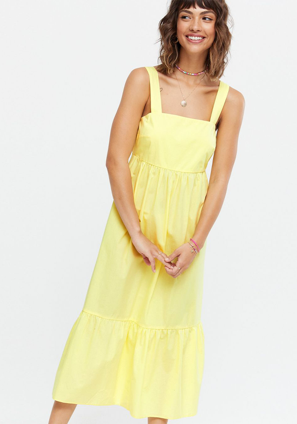 Pale Yellow Poplin Tie Back Midi Dress 