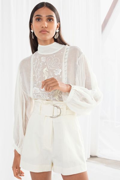 Sheer Embroidered Linen Blend Blouse