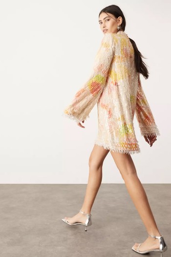 Print And Sequin High Neck Mini Dress With Fringe, £195