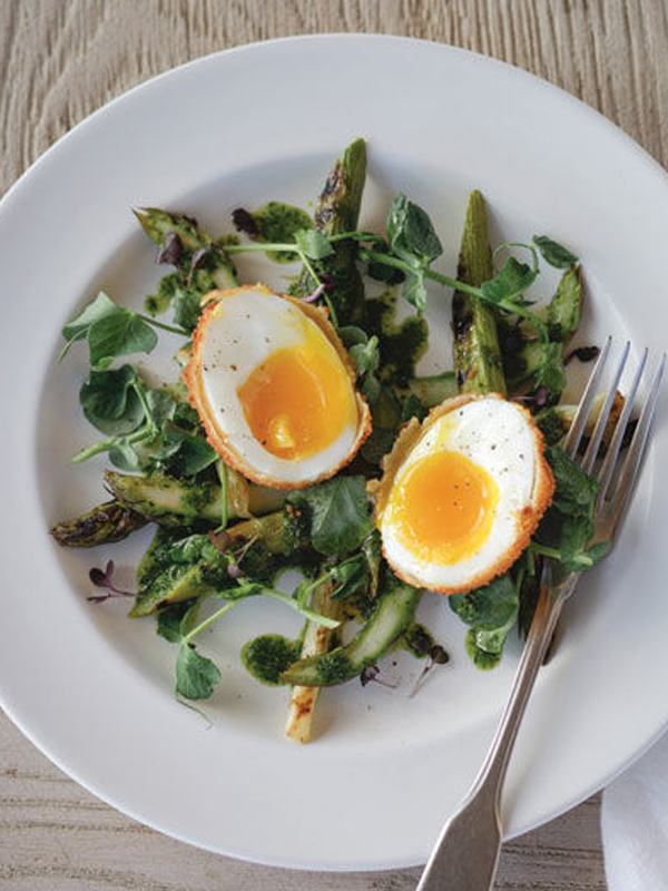Chargrilled Asparagus With Crispy Hen's Eggs & Herb Dressing