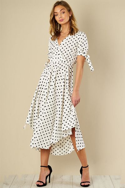 White Polka Dot Midi Wrap Dress from Silk Fred