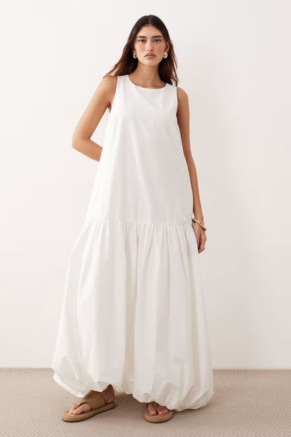 Drop Neck Denim Pleated Hanky Hem Maxi Dress from ARRANGE
