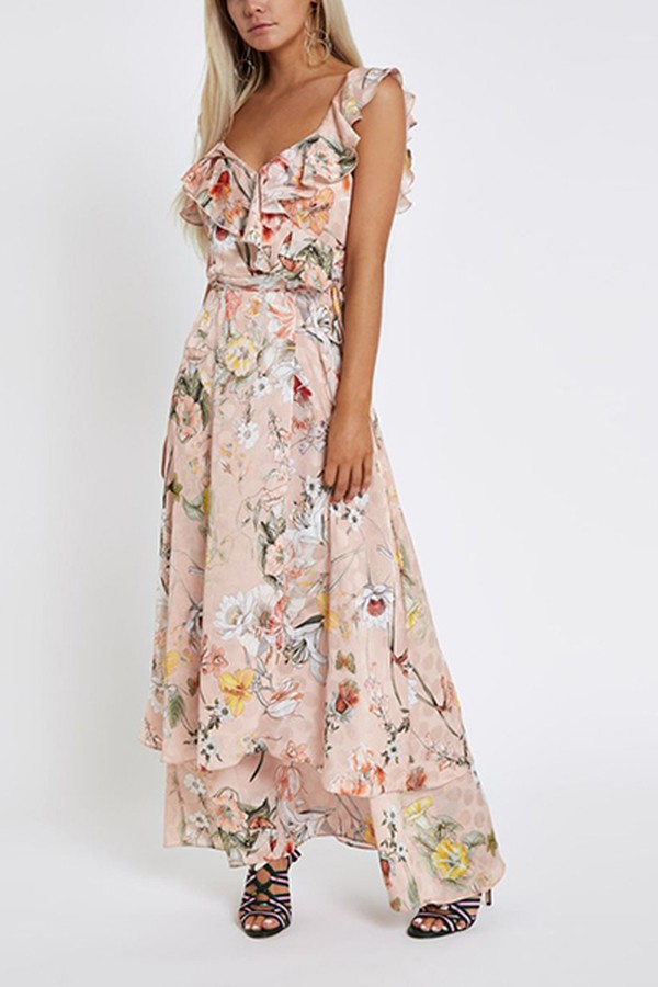 Petite Pink Floral Frill Wrap Maxi Dress