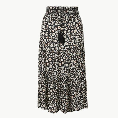 Animal Print Pleated Midi Skirt