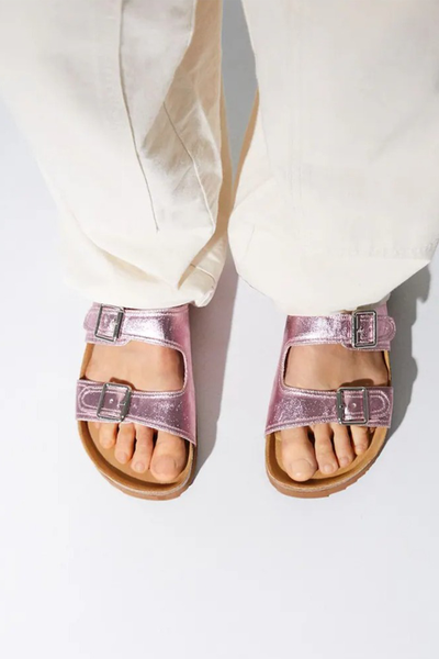Metallic Flat Slider Sandals With Buckles from Bershka